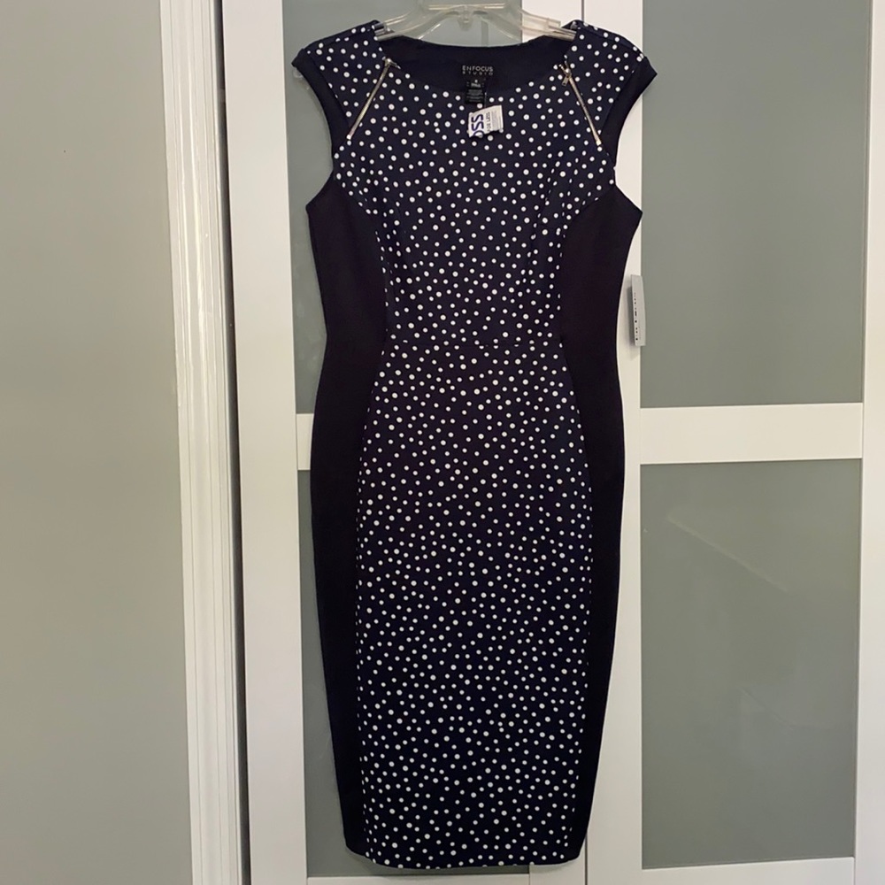 NWT EnFocus Studio Navy Blue White Polka Dot dress